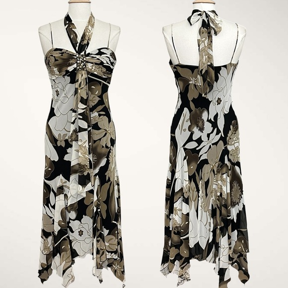 S.L. Fashions Dresses & Skirts - VTG Y2K Women Dress 12 Brown Floral Halter Beaded Handkercheif Hem Forrest Fairy